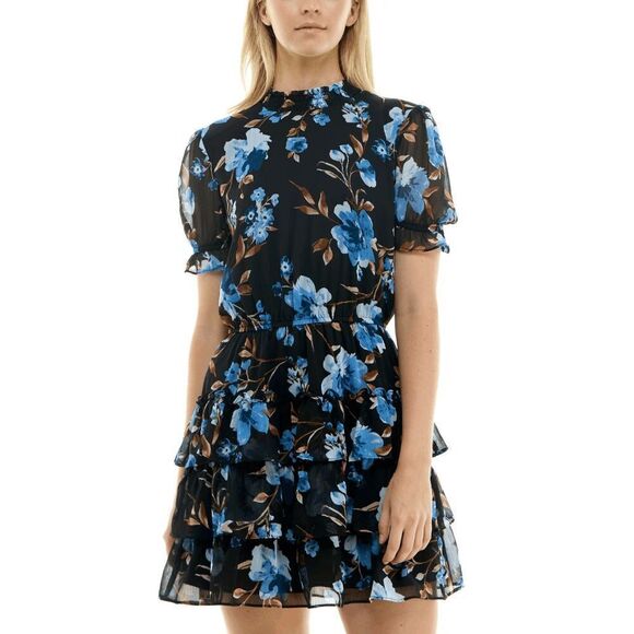 Crystal Doll Junior's Women's Mock Neck Ruffled Puff-Sleeve Dress- Black Blue L - Picture 1 of 6